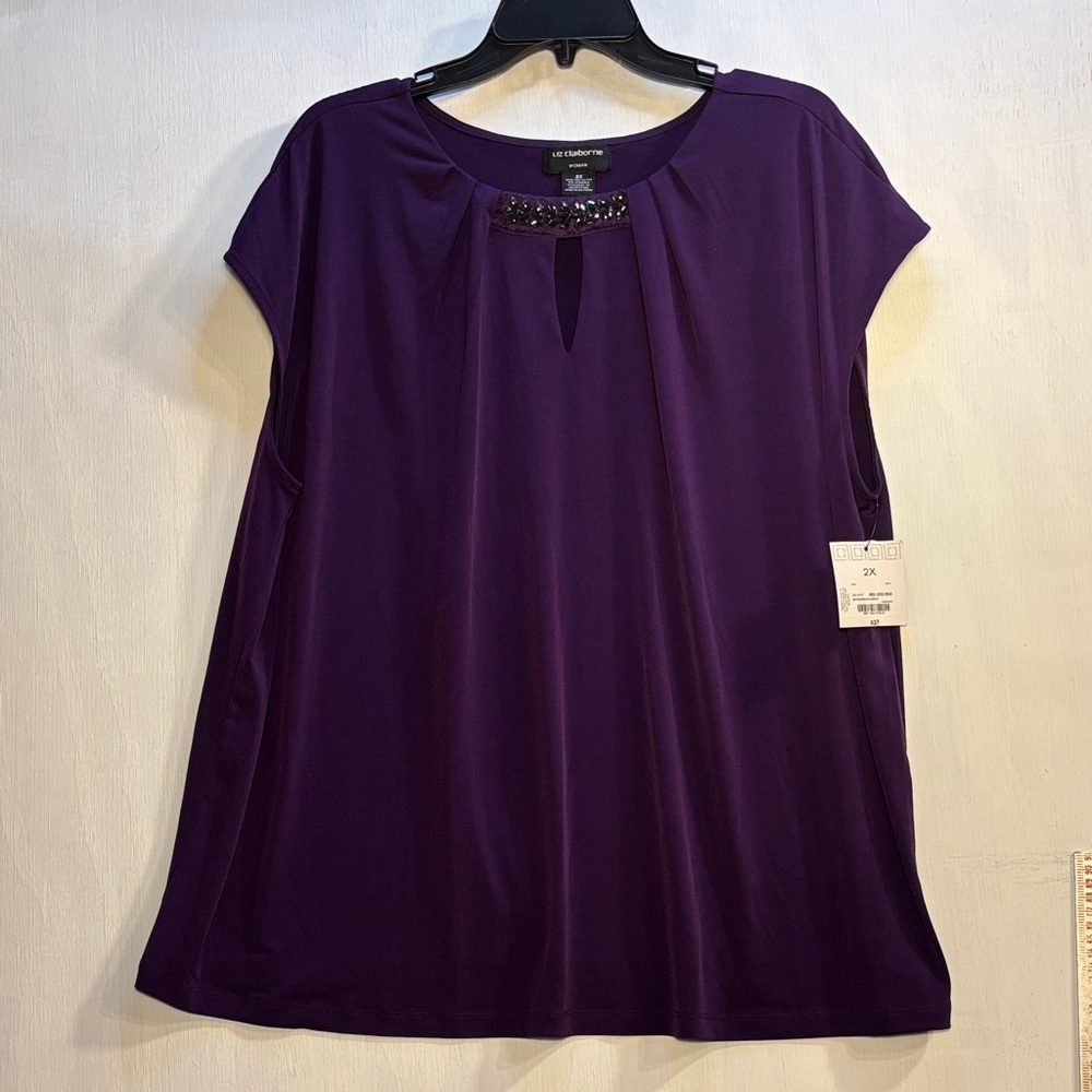 Liz Claiborne Purple Jewel-Neck Cap Sleeve Top